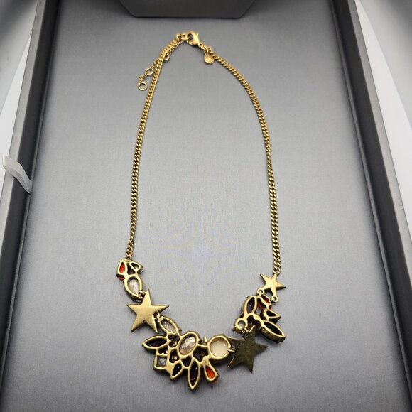 J Crew Fruit Salad AB Crystals Acrylic Gems w/ Stars Necklace 18" Gold Plated - Picture 3 of 7